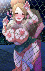 Rule 34 | 1boy, 1girl, absurdres, ass grab, blue panties, blue skirt, blush, breast press, breasts, brown eyes, brown hair, chain-link fence, cleavage, clothes lift, fence, groin, highres, large breasts, night, nipples, no bra, open mouth, original, outdoors, panties, panties around leg, pubic hair, public indecency, sex, sex from behind, shirt lift, short hair, skirt, standing, standing sex, umeefumi, underwear, wire fence