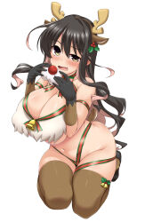 Rule 34 | 1girl, animal ears, antlers, bell, black gloves, black hair, blush, breasts, brown thighhighs, cleavage, deer ears, fang, gloves, groin, hair between eyes, highres, horns, huge breasts, kantai collection, long hair, multicolored hair, naganami (kancolle), navel, open mouth, pink hair, reindeer antlers, simple background, solo, thighhighs, wavy hair, white background, yellow eyes, yoshi tama