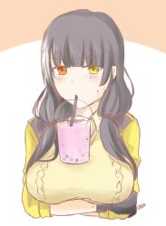 Rule 34 | 1girl, black hair, breasts, brown sweater, bubble tea, bubble tea challenge, coat, collared coat, collared shirt, cup, disposable cup, drink, drinking, drinking straw, girls&#039; frontline, gloves, heterochromia, highres, kureno (clern), large breasts, looking at viewer, multicolored hair, object on breast, red eyes, ro635 (girls&#039; frontline), shirt, simple background, solo, sweat, sweater, white hair, yellow eyes