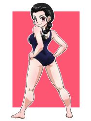 Rule 34 | 1girl, ass, barefoot, black hair, blue one-piece swimsuit, braid, braided ponytail, closed mouth, commentary, from behind, full body, girls und panzer, hair pulled back, hair ribbon, hands on own hips, looking at viewer, looking back, medium hair, one-piece swimsuit, outline, outside border, purple eyes, red background, ribbon, school swimsuit, single braid, smile, solo, standing, swimsuit, takahashi kurage, tamada tamaki, white outline, white ribbon