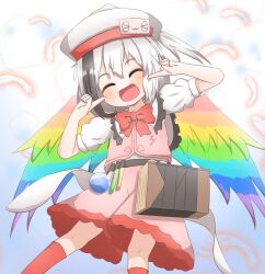 Rule 34 | 1girl, belt, black hair, book, collared dress, coruthi, dress, feathered wings, hat, highres, hollow song of birds, long hair, multicolored hair, neck ribbon, rainbow wings, ribbon, solo, torisumi horou, touhou, two-tone hair, very long hair, white hair, wings, yellow eyes