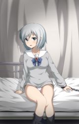 Rule 34 | 1girl, bdsm, bed, black socks, blue bow, blue eyes, blush, bondage, bound, bow, bowtie, breasts, brooch, chain, chained, clothes pull, corpse party, corpse party 2, cuffs, curtains, hair between eyes, hospital, hospital bed, indoors, ito ayame, itou ayame, jewelry, kneehighs, long sleeves, looking at viewer, on bed, open mouth, panties, pleated skirt, school uniform, shadow, short hair, silver hair, sitting, skirt, skirt around one leg, skirt pull, socks, solo, sweater, tears, underwear, white panties, yyi
