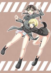 Rule 34 | 2girls, animal ears, blonde hair, blue eyes, brown hair, dog ears, dog tail, erica hartmann, full body, gertrud barkhorn, green eyes, hair ribbon, highres, hug, hug from behind, looking at viewer, military, military uniform, multiple girls, no pants, one eye closed, open mouth, panties, red liquid (artist), ribbon, strike witches, tail, twintails, underwear, uniform, world witches series