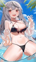 Rule 34 | 1girl, :d, absurdres, bikini, black hair, breasts, cloud, grey hair, gurina, hair ornament, hairclip, highres, hololive, jacket, jacket partially removed, large breasts, long hair, multicolored hair, navel, open mouth, red eyes, sakamata chloe, sky, smile, solo, squatting, streaked hair, swimsuit, v, virtual youtuber, water, wet, wet clothes