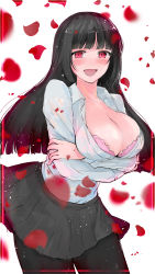 Rule 34 | 1girl, absurdres, arms under breasts, black hair, blush, bra, breasts, cleavage, highres, hime cut, jabami yumeko, kakegurui, large breasts, long hair, looking at viewer, open clothes, open mouth, red eyes, school uniform, shirt, skirt, smile, tagme, underwear, white shirt