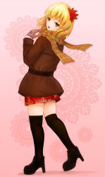 Rule 34 | 1girl, aki shizuha, alternate costume, black socks, black thighhighs, blonde hair, blush, boots, female focus, gloves, hair ornament, high heels, jacket, kneehighs, leaf, leaf hair ornament, leaf on head, looking back, mittens, object on head, open mouth, orange eyes, pink background, sai-go, scarf, shoes, short hair, smile, socks, solo, thighhighs, touhou