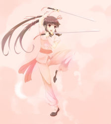 Rule 34 | 1girl, dual wielding, female focus, full body, gradient background, hairband, holding, ryouku, solo, source request, standing, sword, twintails, weapon