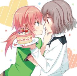 Rule 34 | 2boys, barufoa, blue eyes, blueberry, blush, brown eyes, brown hair, cake, child, dated, eye contact, food, fruit, hand on another&#039;s chin, heart, inazuma eleven (series), inazuma eleven go, kirino ranmaru, long hair, looking at another, macaron, male focus, multiple boys, pink hair, plate, profile, shindou takuto, star (symbol), strawberry, strawberry shortcake, twintails, uniform number, yaoi