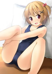 Rule 34 | 1girl, ass, blonde hair, blue one-piece swimsuit, blush, cameltoe, flat chest, hair ribbon, hands under legs, highres, hugging own legs, knees up, old school swimsuit, on ground, one-piece swimsuit, open mouth, original, pillow, red eyes, ribbon, school swimsuit, shibacha, side ponytail, solo, spread legs, swimsuit