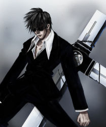 Rule 34 | 1boy, black hair, clenched hand, cross, formal, gun, male focus, nicholas d. wolfwood, open collar, realistic, short hair, solo, suit, sunglasses, trigun, weapon