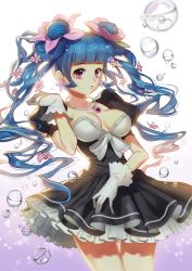 Rule 34 | 1girl, backlighting, bad id, bad pixiv id, black dress, blue hair, breasts, bubble, cleavage, cowboy shot, dress, earrings, flower, flower earrings, gem, gloves, hair flower, hair ornament, hair rings, highres, jewelry, lace trim, long hair, necklace, original, pearl necklace, pendant, purple eyes, sidelocks, solo, thigh gap, twintails, two side up, wadani hitonori, white gloves