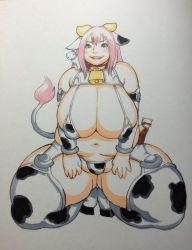 Rule 34 | 1girl, animal ears, bell, blue eyes, blush, breasts, cleavage, collar, cow ears, cow girl, cow print, cow tail, fat, ferret, horns, huge breasts, kjmvideo, kneeling, luu (cosplayer), navel, pink hair, plump, smile, solo, tail, thick thighs, thighs, wide hips