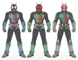 Rule 34 | 3boys, alternate color, antennae, armor, armored boots, black bodysuit, bodysuit, boots, breastplate, chinese commentary, clenched hands, commentary request, driver (kamen rider), full body, gauntlets, glowing, glowing eyes, green armor, grey armor, grey footwear, highres, kamen rider, kamen rider (1st series), kamen rider 1, kamen rider 2, male focus, multiple boys, red eyes, red scarf, scarf, simple background, standing, typhoon (kamen rider), v-fin, white background, xiangzi box