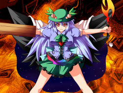 Rule 34 | 1girl, arm cannon, breasts, fal (falketto), falketto, female focus, fusion, hat, hinanawi tenshi, large breasts, outstretched arms, red eyes, reiuji utsuho, solo, spread arms, sword, touhou, weapon, wings