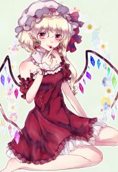 Rule 34 | 1girl, :p, alternate costume, barefoot, blonde hair, blue background, cherry, cherry earrings, detached collar, detached sleeves, dress, earrings, eyelashes, finger to face, flandre scarlet, floral background, food, food-themed earrings, fruit, full body, ginzuki ringo, hat, hat ribbon, heart, heart earrings, highres, jewelry, looking at viewer, mob cap, petticoat, pointy ears, red dress, red eyes, ribbon, short hair, side ponytail, sitting, solo, strapless, strapless dress, tongue, tongue out, touhou, wings, wrist cuffs, yokozuwari