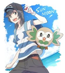 Rule 34 | 1boy, bad id, bad twitter id, black hair, blush, clenched hand, cloud, cowboy shot, creatures (company), day, elio (pokemon), game freak, gen 7 pokemon, hat, holding, holding poke ball, looking at viewer, male focus, nintendo, ocean, open mouth, poke ball, poke ball (basic), pokemon, pokemon (creature), pokemon sm, rowlet, shirt, sky, wings, yairo (sik s4), z-ring