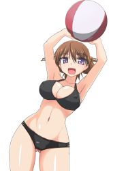 Rule 34 | 1girl, alternate costume, arms up, ball, beachball, bikini, black bikini, breasts, brown hair, commentary request, covered erect nipples, cowboy shot, flipped hair, gluteal fold, hiei (kancolle), highres, kantai collection, large breasts, looking at viewer, purple eyes, short hair, solo, swimsuit, tokihama jirou