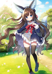 Rule 34 | 1girl, ahoge, animal ear fluff, animal ears, bell, belt, belt buckle, beret, black choker, black thighhighs, blue dress, blue eyes, blue footwear, blue hat, blue sky, blush, bow, brown belt, brown hair, buckle, bush, choker, closed mouth, cloud, collarbone, commentary request, day, dress, frilled dress, frills, grass, hat, jingle bell, long hair, long sleeves, looking at viewer, mauve, neck bell, one side up, original, outdoors, parted bangs, path, petals, red bow, road, shoes, sky, sleeves past wrists, smile, solo, standing, standing on one leg, tail, thighhighs, very long hair