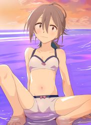 Rule 34 | 1girl, ahoge, bikini, bikini shorts, blush, breasts, brown hair, closed mouth, do it yourself!!, evening, in water, looking at viewer, navel, ocean, outdoors, red eyes, shorts, sitting, sky, small breasts, solo, swimsuit, white shorts, yontomapochi, yua serufu
