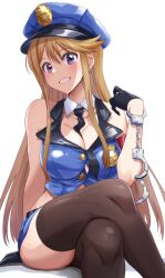 Rule 34 | 1girl, alternate costume, armband, between breasts, black gloves, black necktie, black thighhighs, blue eyes, blue hat, blue jacket, blue skirt, blush, breasts, brown hair, button gap, cleavage, commentary, cropped jacket, crossed legs, cuffs, detached collar, earrings, feet out of frame, gloves, grin, half gloves, handcuffs, hat, highres, holding, holding handcuffs, idolmaster, idolmaster million live!, jacket, jewelry, large breasts, long hair, looking at viewer, midriff, miniskirt, necktie, necktie between breasts, police, police badge, police hat, police uniform, run p (aveton), sidelocks, simple background, sitting, skirt, sleeveless, sleeveless jacket, smile, solo, straight hair, swept bangs, thighhighs, tokoro megumi, uniform, white background, wing collar