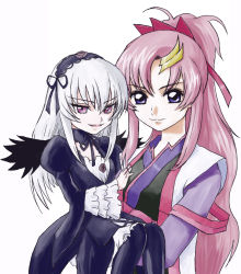 Rule 34 | black wings, crossover, dress, gundam, gundam seed, hair between eyes, lacus clyne, lifting person, long hair, parody, pink hair, purple eyes, rozen maiden, seed, silver hair, simple background, suigintou, tanaka rie, voice actor connection, white background, wings