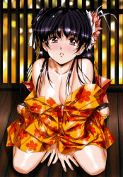Rule 34 | 1girl, absurdres, bare shoulders, black hair, blush, breasts, cleavage, comic tenma, flower, hair flower, hair ornament, highres, indoors, japanese clothes, kimono, lipstick, long hair, looking at viewer, makeup, medium breasts, non-web source, purple eyes, sandals, scan, shiny skin, sitting, solo, urushihara satoshi