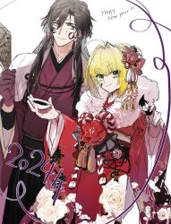 Rule 34 | &gt;:), 1boy, 1girl, 2024, ahoge, alternate costume, black eyes, black hair, black hakama, black shirt, blonde hair, calligraphy brush, cape, constantine xi (fate), cowboy shot, curtained hair, earrings, facepaint, fate/grand order, fate (series), floral print, flower, flower ornament, fur scarf, gloves, green eyes, hagoita, hair between eyes, hair bun, hair flower, hair intakes, hair ornament, hakama, hanetsuki, happy new year, highres, holding, holding paddle, holding paintbrush, ink, japanese clothes, jewelry, kanzashi, kimono, kouhaku nawa, long hair, long sleeves, looking at another, looking at viewer, nero claudius (fate), nero claudius (fate) (all), nero claudius (fate/extra), new year, obi, paddle, paintbrush, red gloves, red kimono, rope, rose print, sash, shimenawa, shirt, sideways glance, single hair bun, smile, sweatdrop, tassel, tassel hair ornament, tsumami kanzashi, v-shaped eyebrows, white background, white cape, wide sleeves, yayayakan