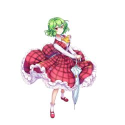Rule 34 | 1girl, ascot, breasts, closed mouth, collared shirt, colored eyelashes, frilled skirt, frills, full body, game cg, green hair, highres, kazami yuuka, looking at viewer, medium breasts, plaid, plaid skirt, plaid vest, red eyes, red footwear, red skirt, red vest, rotte (1109), shirt, short hair, simple background, skirt, smile, socks, solo, third-party source, touhou, touhou lostword, umbrella, vest, white background, white shirt, white socks, white umbrella, yellow ascot