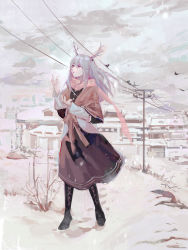 Rule 34 | 1girl, antlers, bad id, bad pixiv id, bird, black footwear, boots, brown dress, brown shawl, building, cloud, cloudy sky, commentary request, deer antlers, dress, full body, grey eyes, grey hair, horns, knee boots, lobelia (saclia), long hair, original, outdoors, parted lips, power lines, shawl, sky, snow, snowing, solo, standing, utility pole