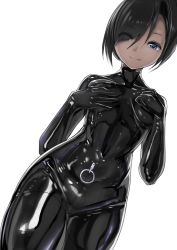 Rule 34 | 1girl, black hair, blue eyes, bodysuit, closed mouth, collarbone, covered collarbone, covered navel, eyes visible through hair, grey background, hair over one eye, highres, latex, latex bodysuit, o-ring, original, piercing, shiny clothes, short hair, simple background, solo, tiasti, tongue, tongue out, turtleneck, zipper, zipper pull tab