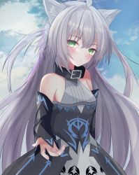 Rule 34 | 1girl, ahoge, animal collar, animal ear fluff, animal ears, atalanta (fate), atalanta alter (fate), atalanta alter (first ascension) (fate), black dress, blush, braid, breasts, buckle, cat ears, closed mouth, cloud, collar, detached sleeves, dress, fate/grand order, fate (series), green eyes, grey hair, hair between eyes, hand up, highres, long hair, long sleeves, looking at viewer, messy hair, sideboob, sidelocks, sirotuki ito, sky, solo, upper body, very long hair