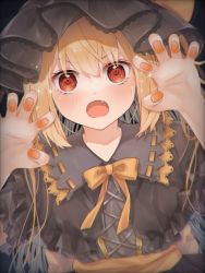 Rule 34 | 1girl, :o, alternate costume, alternate hair length, alternate hairstyle, black background, blonde hair, blush, bow, bowtie, capelet, claw pose, commentary request, cross-laced clothes, dress, fang, flandre scarlet, frills, furawast, gao, grey capelet, grey dress, grey hat, hair between eyes, hands up, hat, long hair, looking at viewer, mob cap, nail polish, orange nails, red eyes, simple background, solo, sparkle, touhou, upper body, v-shaped eyebrows, yellow bow, yellow bowtie