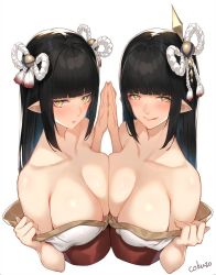Rule 34 | breasts, cokuto1, hair ornament, hands together, hinoa, japanese clothes, long hair, minoto, monster hunter (series), monster hunter rise, pointy ears, siblings, twins, yellow eyes