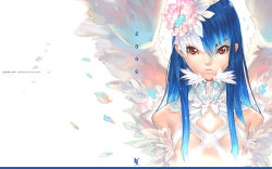 Rule 34 | blue hair, flower, hakua ugetsu, long hair, red eyes, solo, wallpaper, wings
