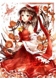 Rule 34 | 1girl, ascot, bare shoulders, bow, brown hair, bug, butterfly, detached sleeves, female focus, flower, hair bow, hair tubes, hakurei reimu, highres, insect, japanese clothes, looking at viewer, meutan131, miko, own hands together, petticoat, ponytail, red eyes, skirt, solo, touhou