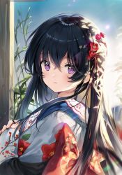 Rule 34 | 1girl, back bow, backlighting, black hair, blue sky, blush, bosack, bow, closed mouth, commentary, commission, day, floral print, from side, japanese clothes, kimono, long sleeves, looking at viewer, looking to the side, original, outdoors, print kimono, purple eyes, red bow, sky, solo, striped, sunlight, symbol-only commentary, upper body, vertical stripes, white kimono