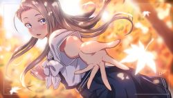 Rule 34 | 1girl, autumn, autumn leaves, blue eyes, blue sailor collar, blush, grey hair, highres, ikuno christa kasumi, leaf, long hair, looking at viewer, looking back, love r, maple leaf, nmu2, open mouth, outstretched hand, pleated skirt, ribbon, sailor collar, school uniform, serafuku, skirt, solo, sunlight, tree