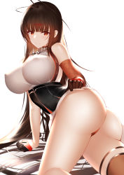 Rule 34 | 1girl, absurdres, an yasuri, ass, bad id, bad pixiv id, breasts, brown hair, cleavage, covered erect nipples, dsr-50 (girls&#039; frontline), girls&#039; frontline, gloves, highres, large breasts, long hair, looking at viewer, red eyes, thighs, very long hair, white background