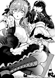 Rule 34 | 2girls, alternate costume, apron, bonkara (sokuseki maou), boots, closed mouth, commentary, cross-laced footwear, dress, enmaided, frilled apron, frilled dress, frilled hairband, frilled sleeves, frills, frown, girls und panzer, glaring, gloves, greyscale, hairband, hand in own hair, hand on own hip, highres, holding, holding menu, holding tray, japanese clothes, knee boots, lace-up boots, long hair, long sleeves, looking at viewer, maid, mature female, menu, mixed maids, monochrome, multiple girls, nishizumi shiho, obi, open mouth, pantyhose, sash, shimada chiyo, short dress, short sleeves, squatting, standing, straight hair, tray, wa maid, waist apron