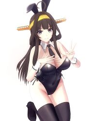 Rule 34 | 1girl, ahoge, animal ears, bare shoulders, black leotard, black thighhighs, blush, bow, bowtie, breasts, brown eyes, brown hair, bunny day, cleavage, detached collar, double bun, fake animal ears, gr sword, hair bun, hairband, highres, kantai collection, kneeling, kongou (kancolle), large breasts, leotard, long hair, looking at viewer, playboy bunny, rabbit ears, rabbit tail, simple background, smile, solo, strapless, strapless leotard, tail, thighhighs, v, white background, wrist cuffs