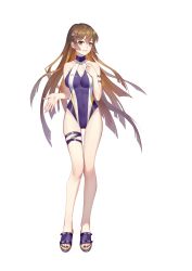 Rule 34 | 1girl, absurdres, arm strap, bare shoulders, breasts, brown hair, covered navel, full body, green eyes, hair ornament, hairclip, highres, long hair, long legs, looking at viewer, medium breasts, nail polish, one-piece swimsuit, parted lips, purple nails, rekaerb maerd, romantic saga of beauty &amp; devil, smile, solo, standing, swimsuit, thigh strap, transparent background, very long hair