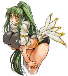 Rule 34 | 1girl, bent over, bike shorts, blush, breasts, cowboy shot, cropped legs, green hair, grin, hair between eyes, high ponytail, large breasts, long hair, original, perky breasts, sachito, shiny clothes, simple background, smile, solo, sumi-chan (sachito), thick thighs, thighs, white background, yellow eyes
