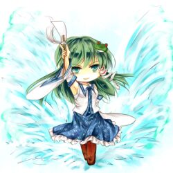 Rule 34 | 1girl, arm up, blue skirt, brown footwear, chibi, closed mouth, collared shirt, commentary request, detached sleeves, frilled skirt, frills, frog hair ornament, full body, gohei, green eyes, green hair, hair ornament, kochiya sanae, kutsuki kai, long hair, lowres, shirt, skirt, snake hair ornament, solo, spell card, touhou, white background, white shirt, wide sleeves