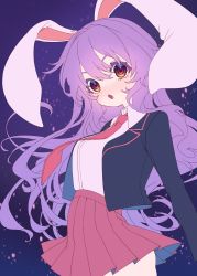 Rule 34 | 1girl, :o, animal ears, blazer, blush, breasts, cowboy shot, dark background, e sdss, eyebrows hidden by hair, highres, jacket, lapels, long hair, looking at viewer, miniskirt, necktie, notched lapels, open mouth, pink skirt, pleated skirt, purple hair, rabbit ears, red eyes, reisen udongein inaba, shirt, simple background, skirt, solo, touhou, very long hair