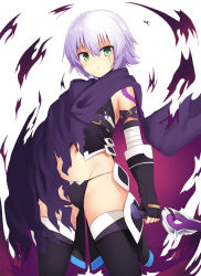 Rule 34 | 1girl, arm at side, arm belt, bandaged arm, bandages, black gloves, black panties, black shirt, black thighhighs, buckle, buttons, cloak, closed mouth, commentary request, expressionless, facial scar, fate/grand order, fate (series), fingerless gloves, from below, gloves, green eyes, groin, hair between eyes, highres, holding, holding knife, holding weapon, jack the ripper (fate/apocrypha), knife, legs apart, looking at viewer, looking down, lowleg, lowleg panties, mahcdai, navel, panties, purple cloak, scabbard, scar, scar across eye, scar on cheek, scar on face, sheath, shirt, short hair, silver hair, simple background, sleeveless, sleeveless shirt, slit pupils, solo, standing, tattoo, thighhighs, torn cloak, torn clothes, underwear, unsheathed, weapon, white background, wind