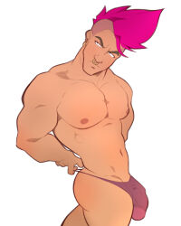 Rule 34 | 1boy, ass, bara, black eyes, character request, closed mouth, collarbone, copyright request, covered penis, cowboy shot, dkmate, earrings, jewelry, large pectorals, male focus, male underwear, mohawk, muscular, muscular male, navel, nose piercing, pectorals, penis, piercing, pink hair, pink male underwear, simple background, solo, undercut, underwear, v-shaped eyebrows, white background