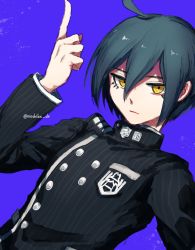 Rule 34 | 1boy, ahoge, artist name, black hair, black jacket, breast pocket, brown eyes, buttons, commentary request, danganronpa (series), danganronpa v3: killing harmony, expressionless, hair between eyes, hand up, highres, index finger raised, jacket, long sleeves, looking at viewer, male focus, pocket, purple background, saihara shuichi, short hair, solo, striped clothes, striped jacket, tetose, upper body