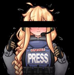 Rule 34 | 1girl, ahoge, black background, blonde hair, blush, braid, censored, commentary, english commentary, english text, flying sweatdrops, gloves, hair between eyes, headphones, heart, highres, identity censor, indie virtual youtuber, limebreaker, long hair, long sleeves, magazine (weapon), simple background, solo, sweat, upper body, virtual youtuber, whiskey project