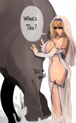 Rule 34 | absurdres, ass, bare shoulders, bestiality, blindfold, blonde hair, blush, breasts, bridal gauntlets, cum, elephant, english text, erection, goblin slayer!, highres, huge breasts, long hair, mamimi (mamamimi), penis, robe, sideboob, sword maiden, veil, white background
