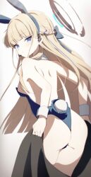 Rule 34 | 1girl, bare arms, bare legs, bare shoulders, blonde hair, blue archive, blue eyes, detached collar, halo, liyom, long hair, looking at viewer, solo, thighs, toki (blue archive), toki (bunny) (blue archive), white wrist cuffs, wrist cuffs
